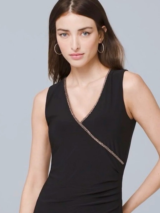 White House Black Market Tops - White House Black Market Silver Beaded Trim V Neck Black Top Party Chic Size S